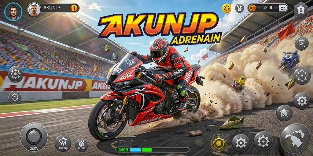 Gameplay AKUNJP menampilkan balapan motor yang mendebarkan.