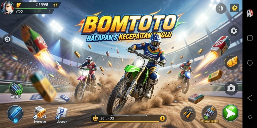 Tampilan gameplay seru dari BOMTOTO saat balapan dengan kecepatan tinggi.