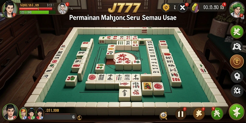 Tampilan gameplay menegangkan di JT777 dengan ubin Mahjong yang berwarna-warni.