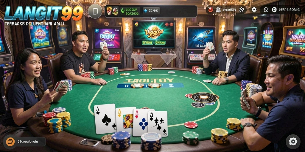 Screenshot permainan LANGIT99 menunjukkan suasana meja poker yang kompetitif.