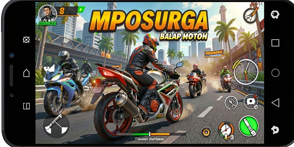 Screenshot gameplay seru dari MPOSURGA yang menampilkan aksi balap motor.
