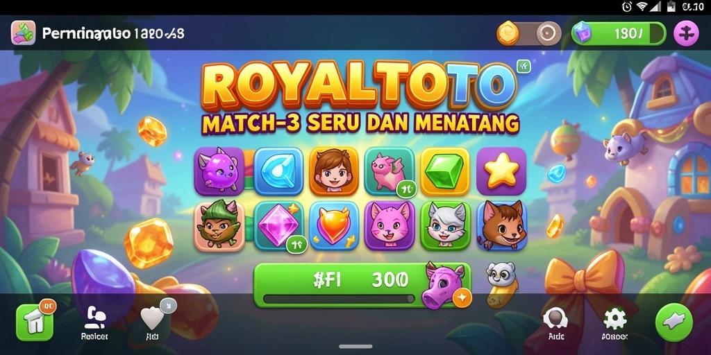 Screenshot permainan ROYALTOTO yang menampilkan aksi Match-3 yang seru.