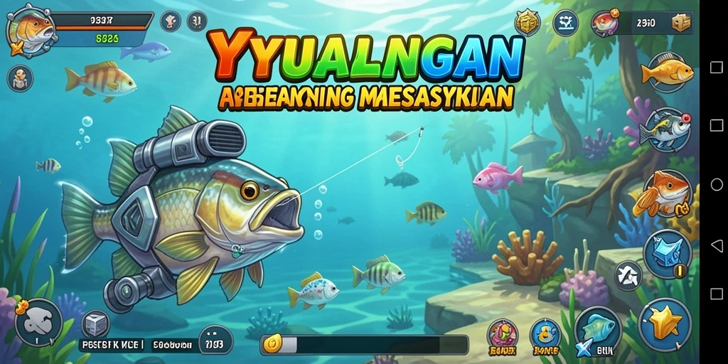 Screenshot utama YYRR menunjukkan pemain beraksi saat memancing di danau yang indah.